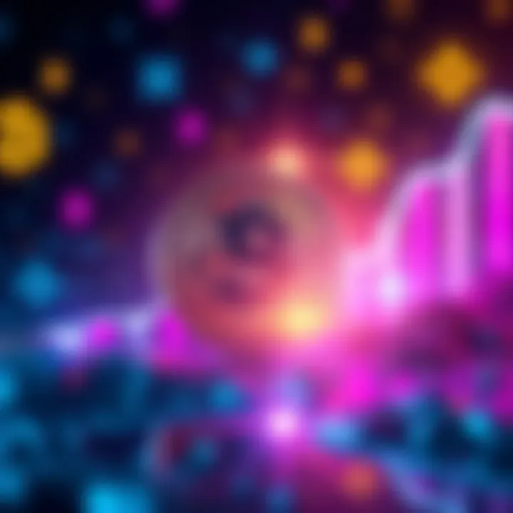 Solana Coin Stagnation A graphic showing the Solana coin symbol with a flat line graph, indicating stagnant value against a backdrop of rising blockchain icons.