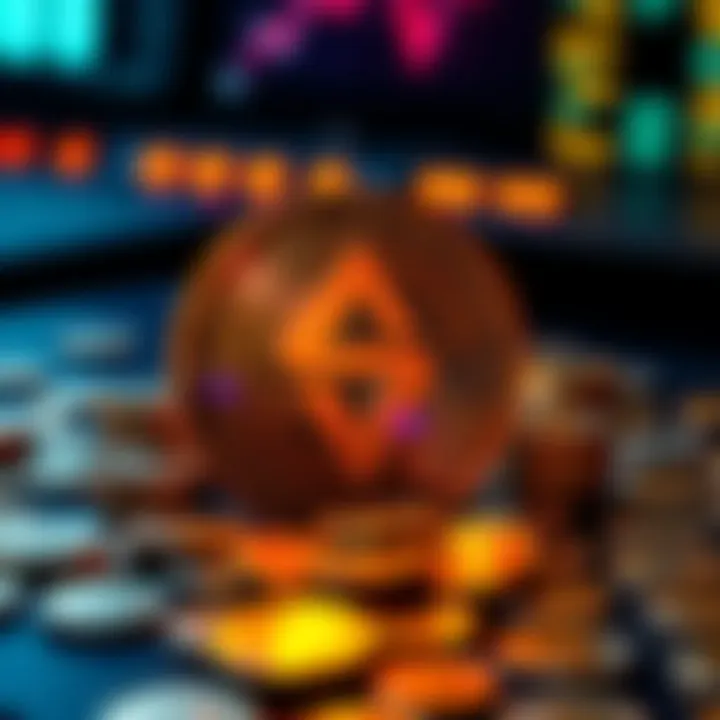 A close-up of the Solana cryptocurrency logo surrounded by small coins on a table