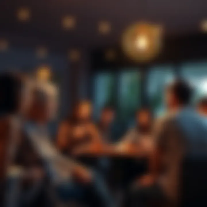 Solana early community gathering A group of people discussing ideas about Solana in a casual setting, showing early adopters engaging in conversations and sharing thoughts.