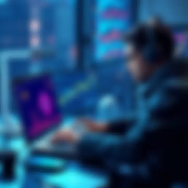 A developer coding on a laptop with Solana and AI graphics on the screen, symbolizing integration of AI in dApp development.