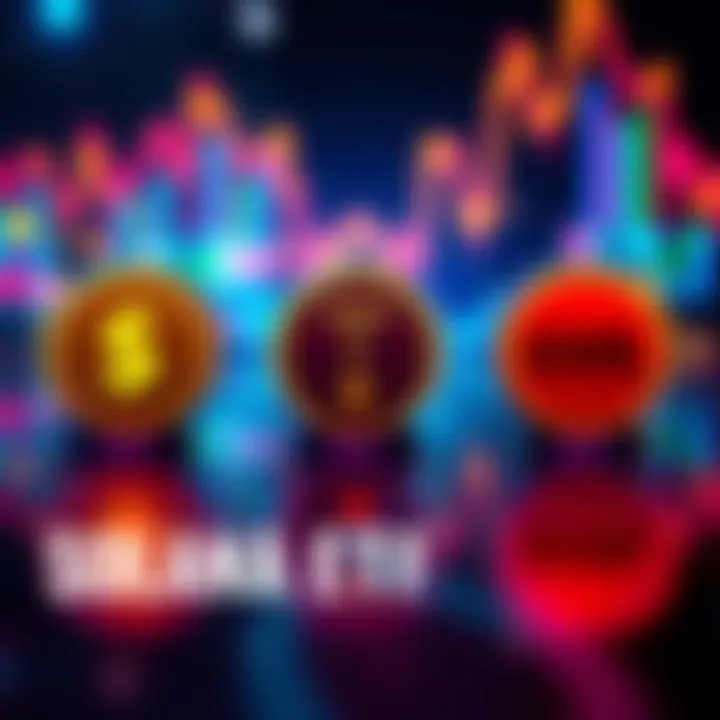 Three Solana ETFs represented with graphic icons, showing SSK with a dollar sign for dividends, BSOL with a stake symbol, and GSOL with a fee label.