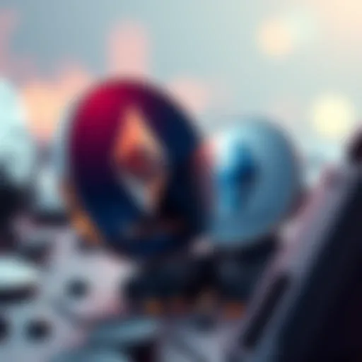 A graphic showing a Solana token transforming into an Ethereum token, representing the process of swapping cryptocurrencies.