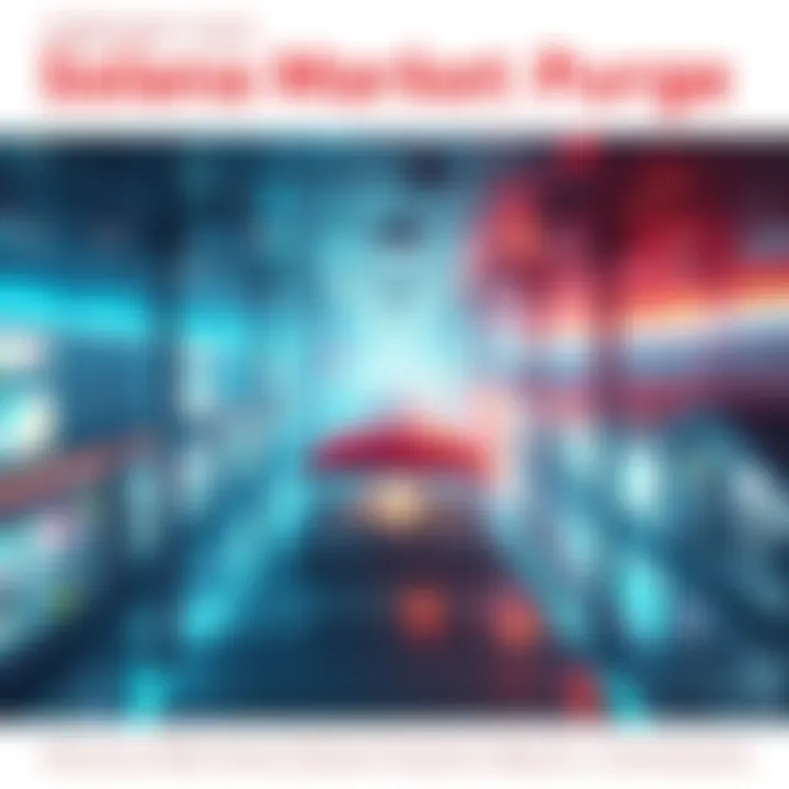 A visual representation of Solana's market purge showing a downward trend in prices, liquidations, and high transaction activity.