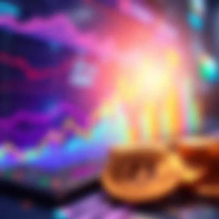 A graph showing Solana's record trading volume and revenue growth, with vibrant colors illustrating success, alongside digital coins representing stablecoins and decentralized exchange trading.