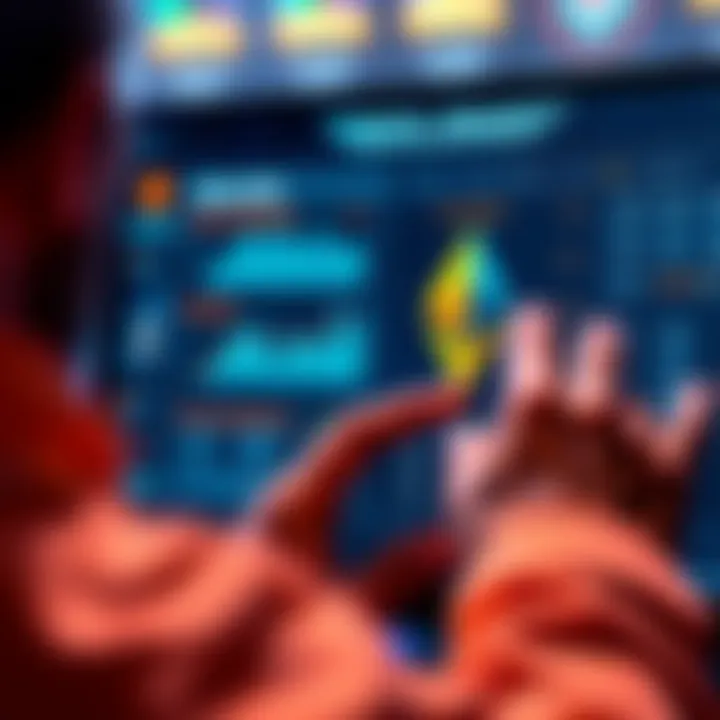 A person interacting with a digital wallet interface, comparing Solana and Ethereum for DeFi. Charts showing fees and transactions are visible.