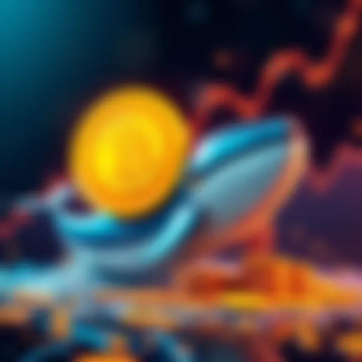 A large whale character symbolizing big investors buying Patos Meme Coin, with digital coins and a graph showing an upward trend in the background.