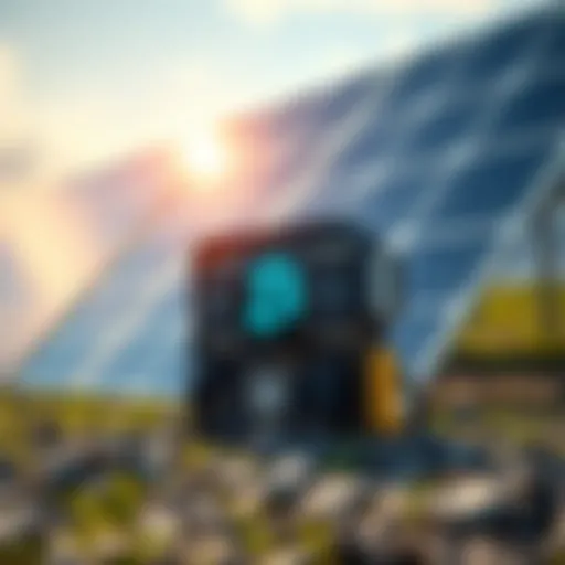 An autonomous ESP32-S3 controller designed for Bitcoin mining using solar energy, set against a sunny backdrop with solar panels nearby.