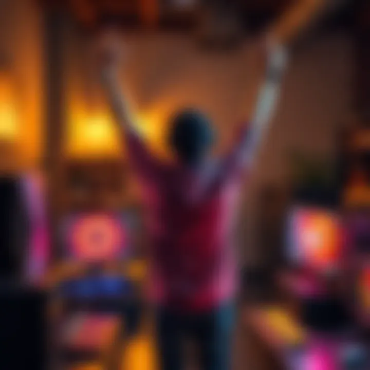 A Solo Miner celebrates by raising their arms in victory after hitting a block at home, surrounded by mining equipment and glowing computer screens.