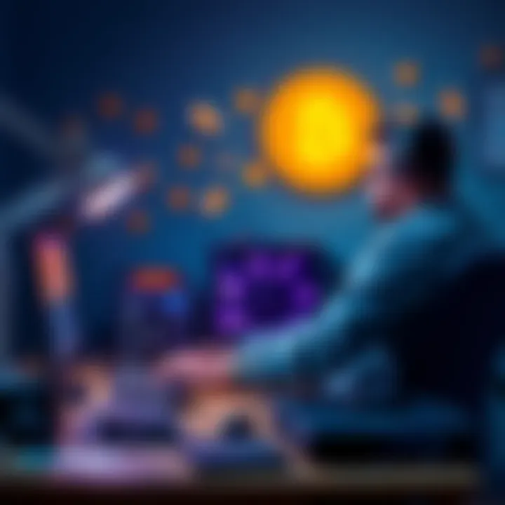 A solo Bitcoin miner sitting at a desk with basic mining equipment, reflecting on his investment journey. Money and Bitcoin symbols are in the background.