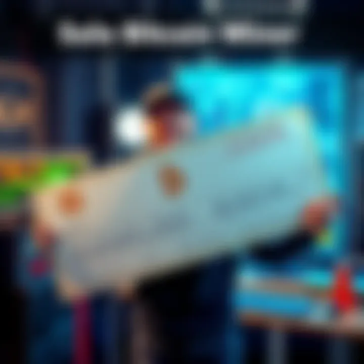 Solo Bitcoin Miner Wins $265K A happy solo bitcoin miner holding a large check for $265,000, celebrating their success against the odds, with a computer setup in the background