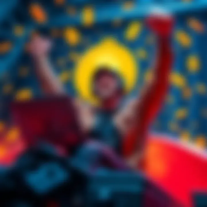 A thrilled individual with a laptop celebrating the successful mining of a Bitcoin block with dollar signs in the background