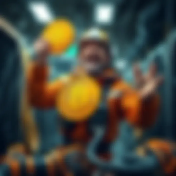 A joyful miner holding a Bitcoin symbol, celebrating after discovering a full Bitcoin block, surrounded by mining equipment.