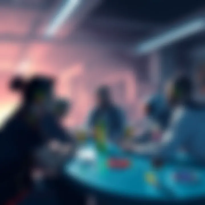 A group of Sorare players gathered around a table, discussing strategies for forming squads and boosting rewards together.