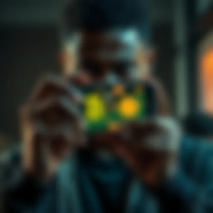 A worried individual holding a smartphone displaying cryptocurrency symbols, reflecting concerns about new laws in South Africa