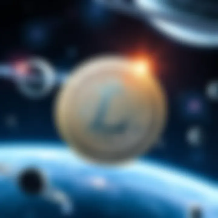 An artistic representation of Litecoin set against a cosmic background filled with stars and planets.