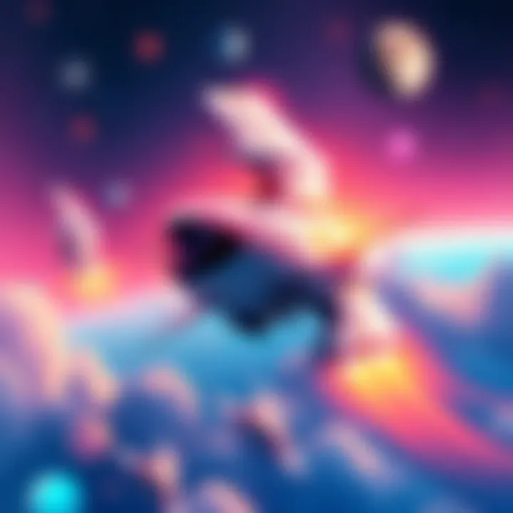 A colorful illustration showing Jetglider and shuttlepods in a vibrant space setting with stars and planets in the background