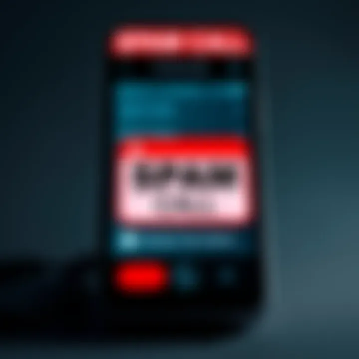 A phone with a warning sign showing a spam call notification in a voicemail box.