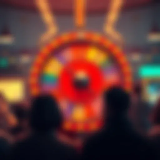 A colorful spinning wheel with ticket symbols and confusion on people's faces