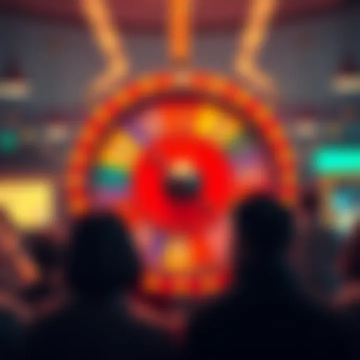 A colorful spinning wheel with ticket symbols and confusion on people's faces