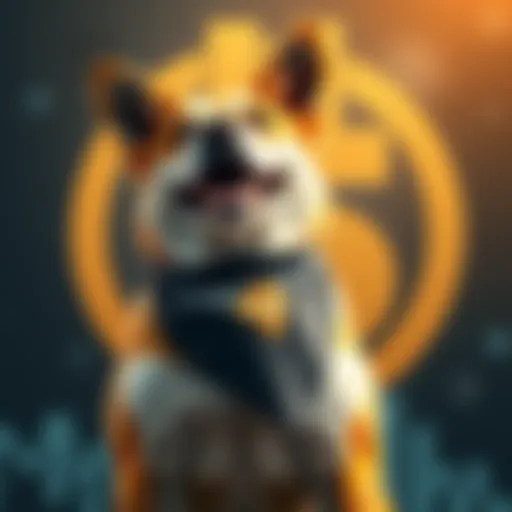 A cheerful dog wearing a Dogecoin logo bandana stands proudly with a backdrop of a digital currency symbol, emphasizing Sporklin's support for Dogecoin amidst concerns about its management.