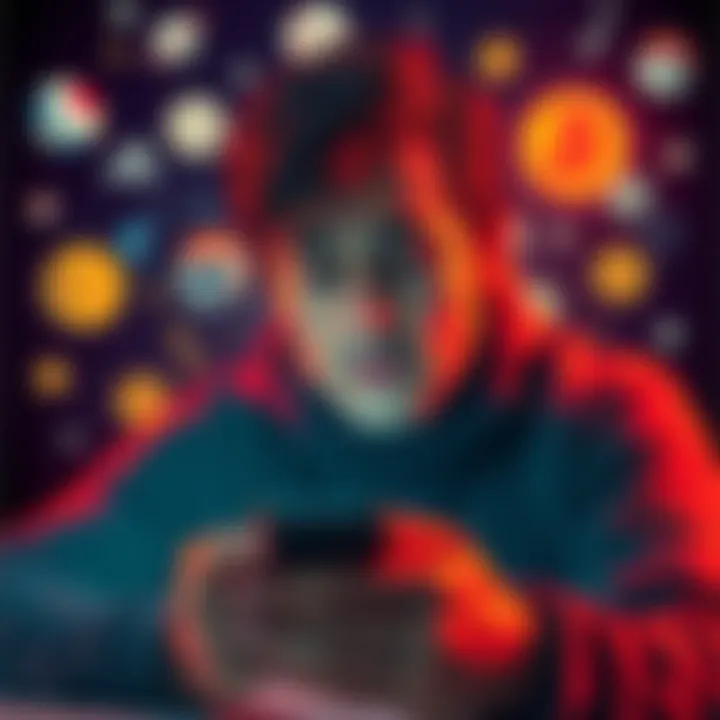 A person looking stressed while checking sports notifications on their phone, surrounded by icons of different sports