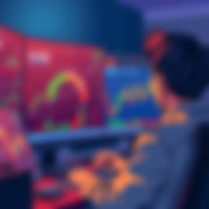 Illustration of a person looking at trading charts on a computer screen with graphs and data