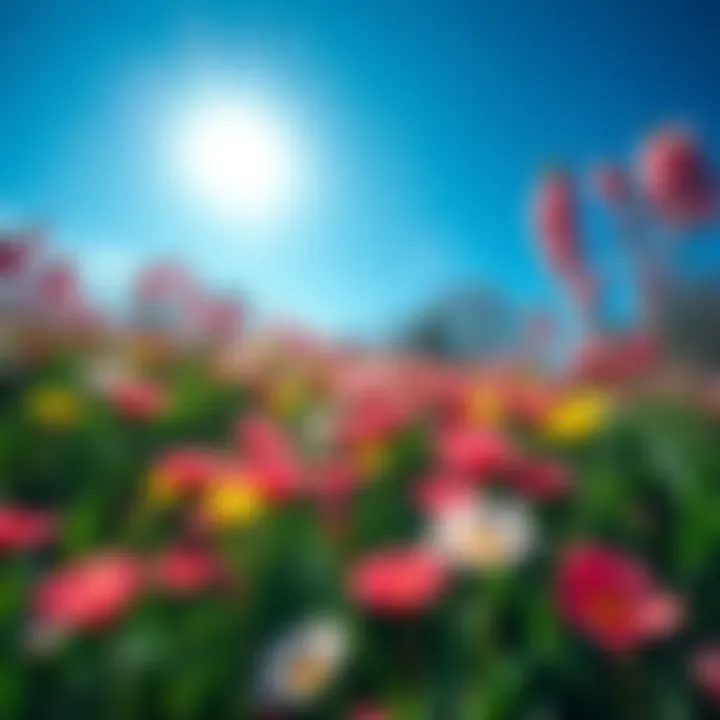 Spring Flowers Blooming A field filled with colorful blooming flowers under a bright blue sky, signaling the arrival of spring.