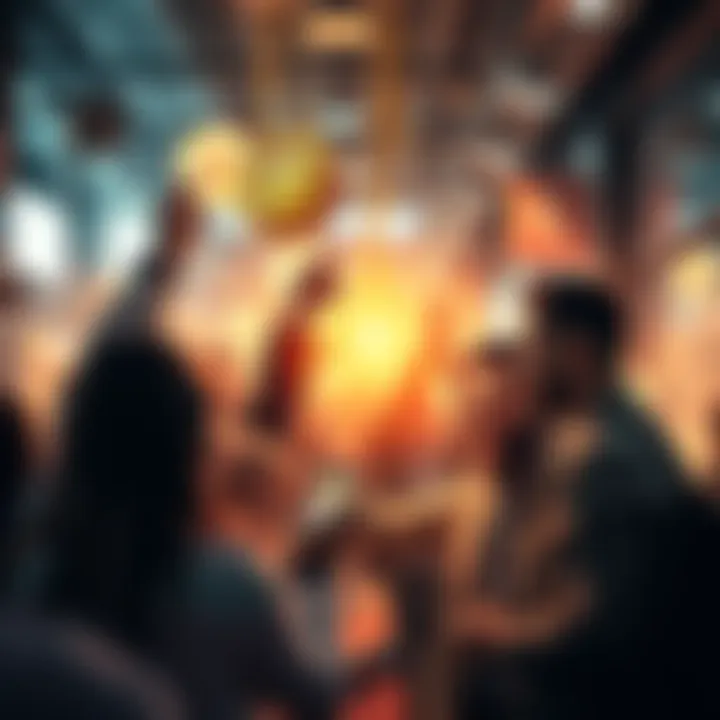 Merchants celebrating the launch of Square's Bitcoin payment system with customers using BTC transactions.