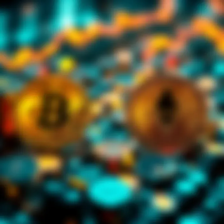 Visual representation of stable coins versus volatile cryptocurrencies with Bitcoin and Ethereum symbols