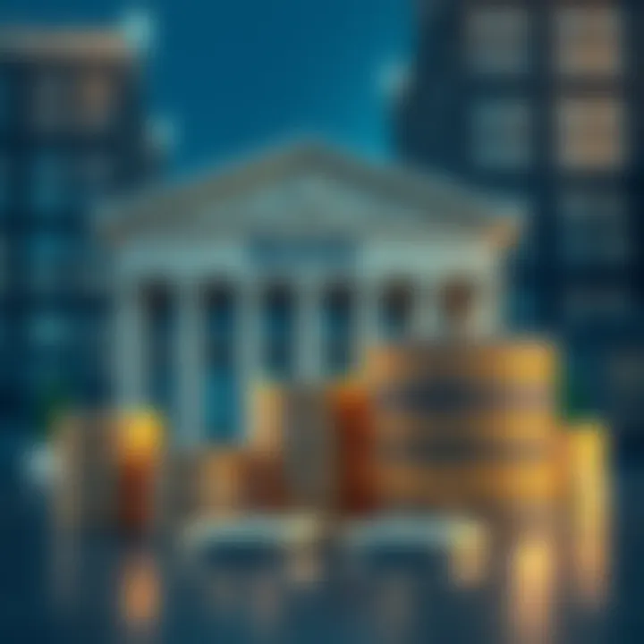 Coins next to a bank building A stack of stable coins alongside a traditional bank building, representing the comparison of safety between stable coins and bank accounts.