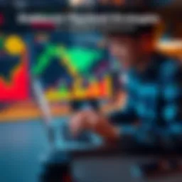 A person using a laptop to make payments with stablecoins, with charts and graphs showing financial benefits in the background.