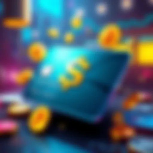 Illustration of a stablecoin card with digital currency symbols around it, representing the need for merchant support in cryptocurrency transactions.