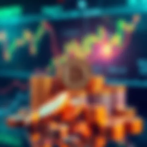 A graphic showing stablecoins represented by coins and charts indicating financial growth