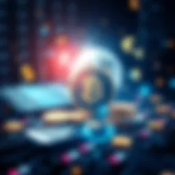 Graphic showing stablecoins symbolizing money transfer with digital devices and currency icons around them.