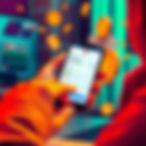 A person making an online payment using stablecoins on a smartphone, with digital coins illustrated in the background.