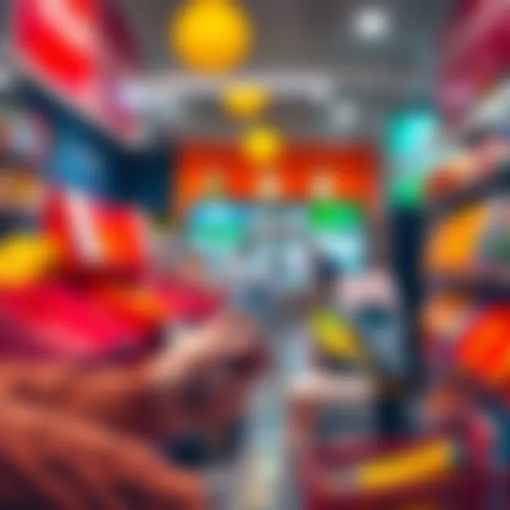 A person using a smartphone to pay for groceries with stablecoins at a checkout counter