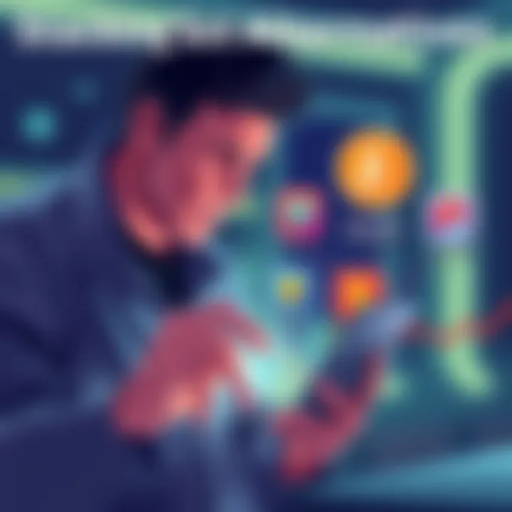 Illustration showing different methods for stacking Sol currency, featuring a person looking at various options on a digital device.