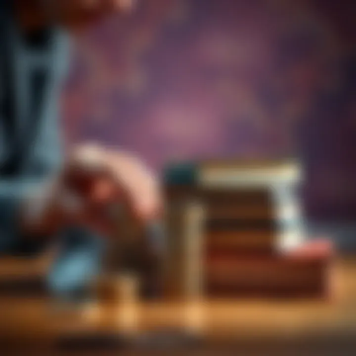 A person stacking coins next to a stack of books symbolizing knowledge and wealth accumulation