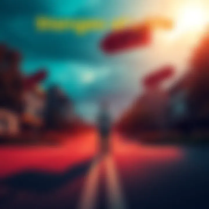 A person standing at a crossroads, looking at signs indicating different life stages, such as thriving, struggling, and existing.