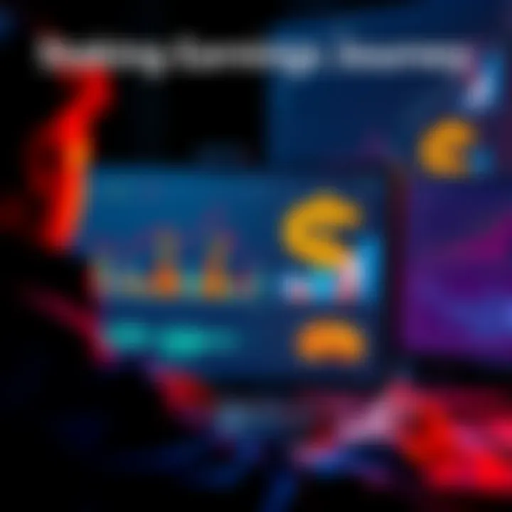 A person looking at a computer screen with graphs and charts showing staking rewards and price predictions for Flare, with a dollar sign in the background