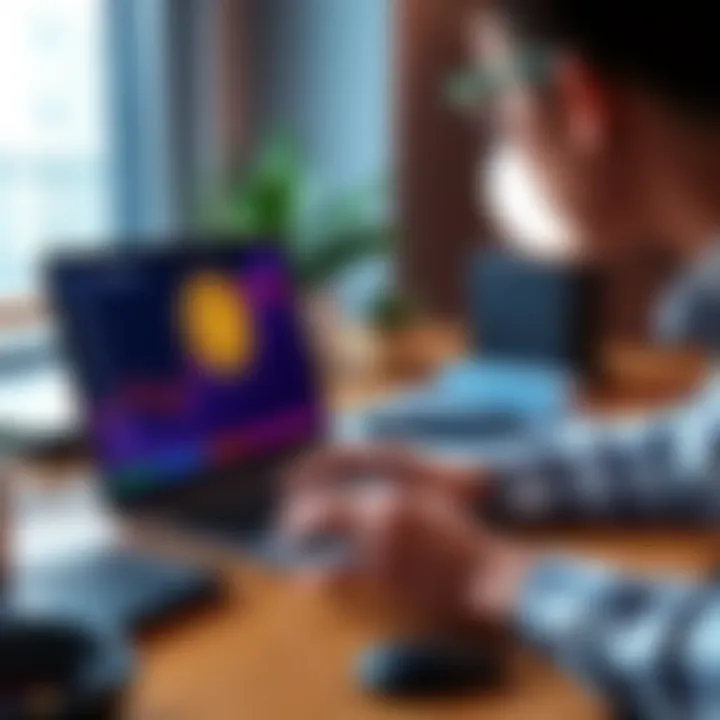 A person researching how to stake Solana cryptocurrency with a laptop and calculator on a desk