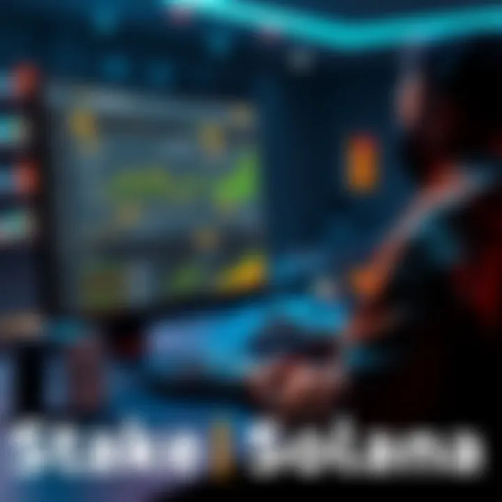 A person using a computer to stake Solana on an online platform, showing charts and rewards displays.