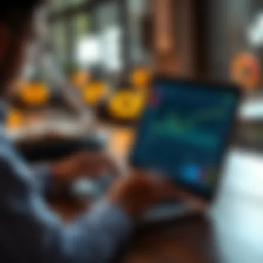 A person calculating potential gains from staking income on a laptop with financial charts on the screen.