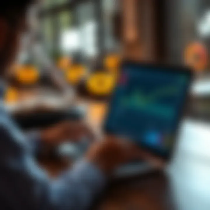 A person calculating potential gains from staking income on a laptop with financial charts on the screen.