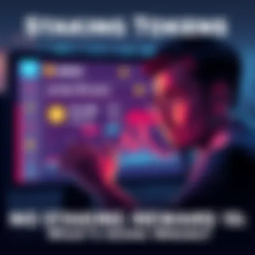 A stressed person looking at a screen showing token staking details with no rewards after 15 days