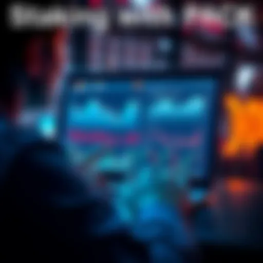 A person reviewing staking options on a laptop, with financial charts and graphs on the screen