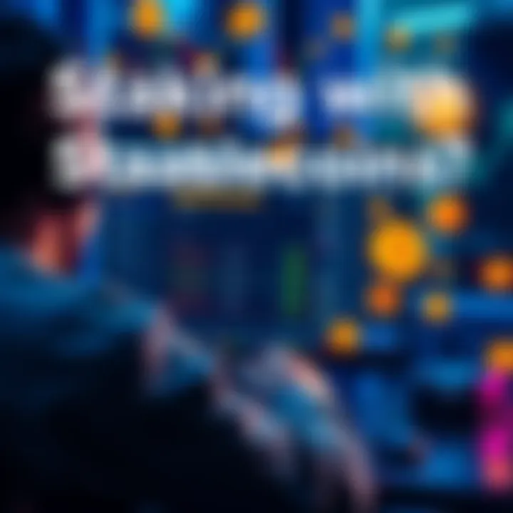 A person reviews stablecoin staking options on a computer screen with crypto symbols around them