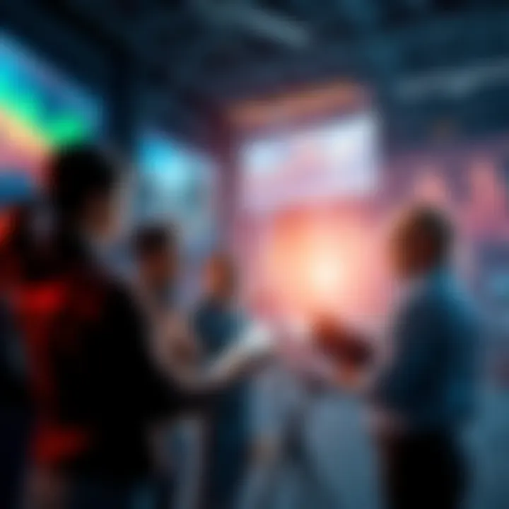 People discussing supply chain standards with charts and logistics visuals in the background