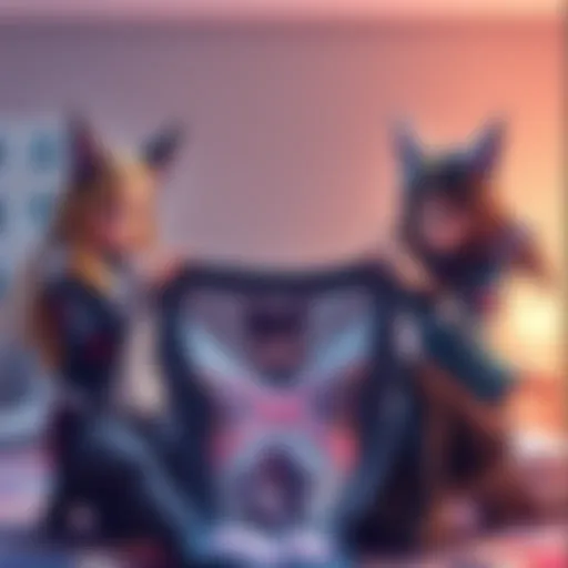 Star and Jinx examining a quilt for quality, holding it up to check its fabric and stitching.