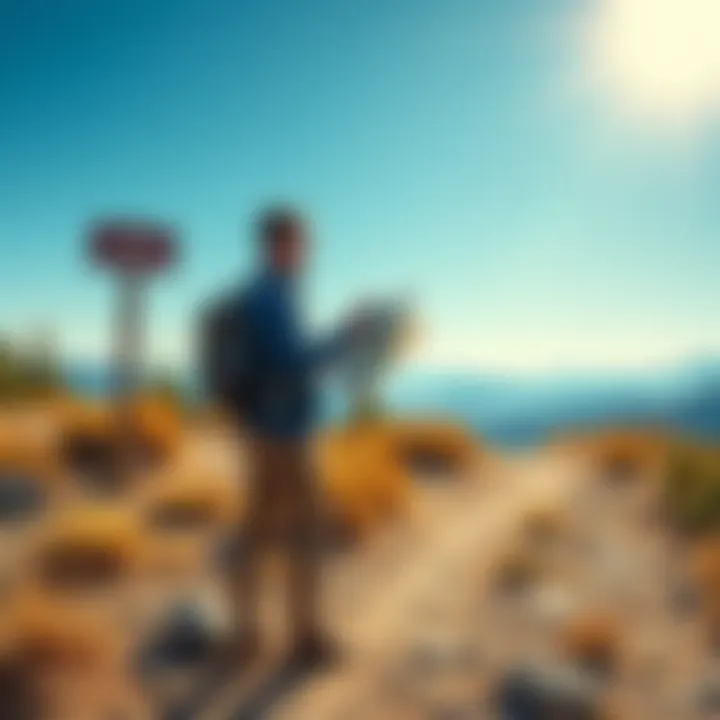 A person standing at a trailhead, looking at a map and preparing for a hike in a sunny outdoor setting.